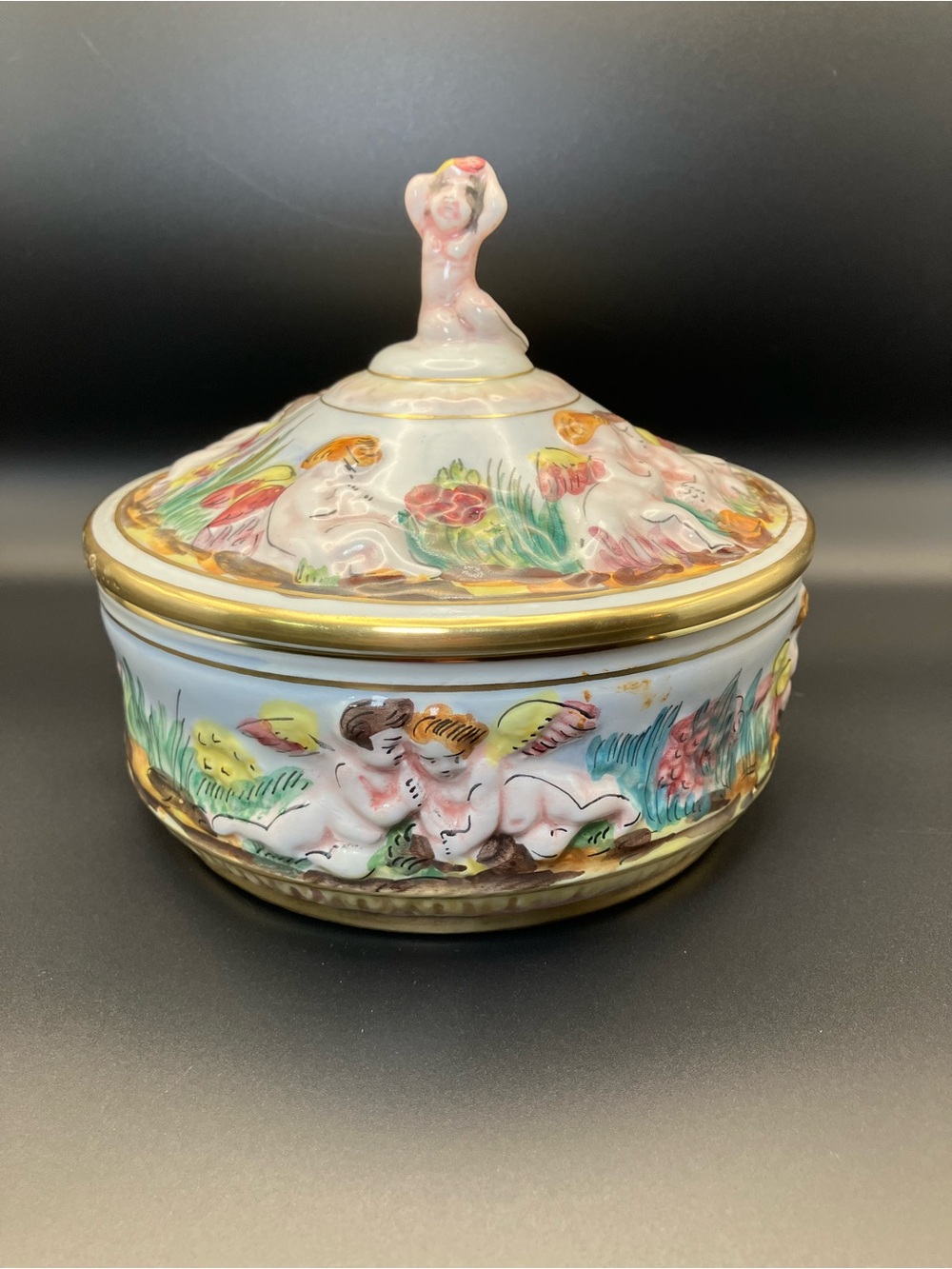 Vintage Keramos R. Capodimonte Italy Covered Bowl with Cherubs & Figural Finial